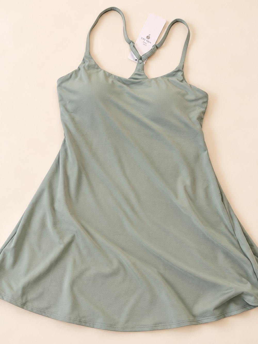 CRZ Yoga sage green athletic dress with bra support, 88% recycled polyester, M